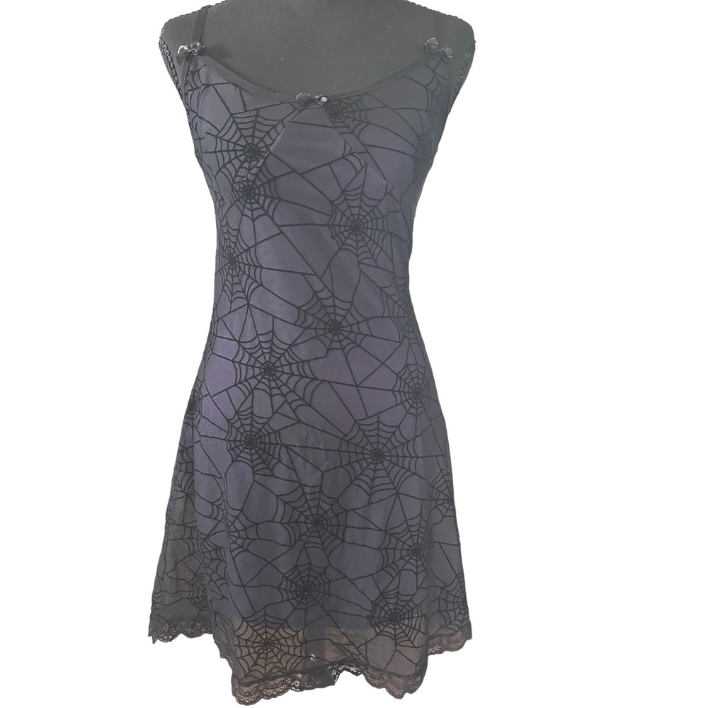Y2K Purple Spiderweb Flocked Velvet Mesh Slip Dress Gothic Lace Trim Mini Dress